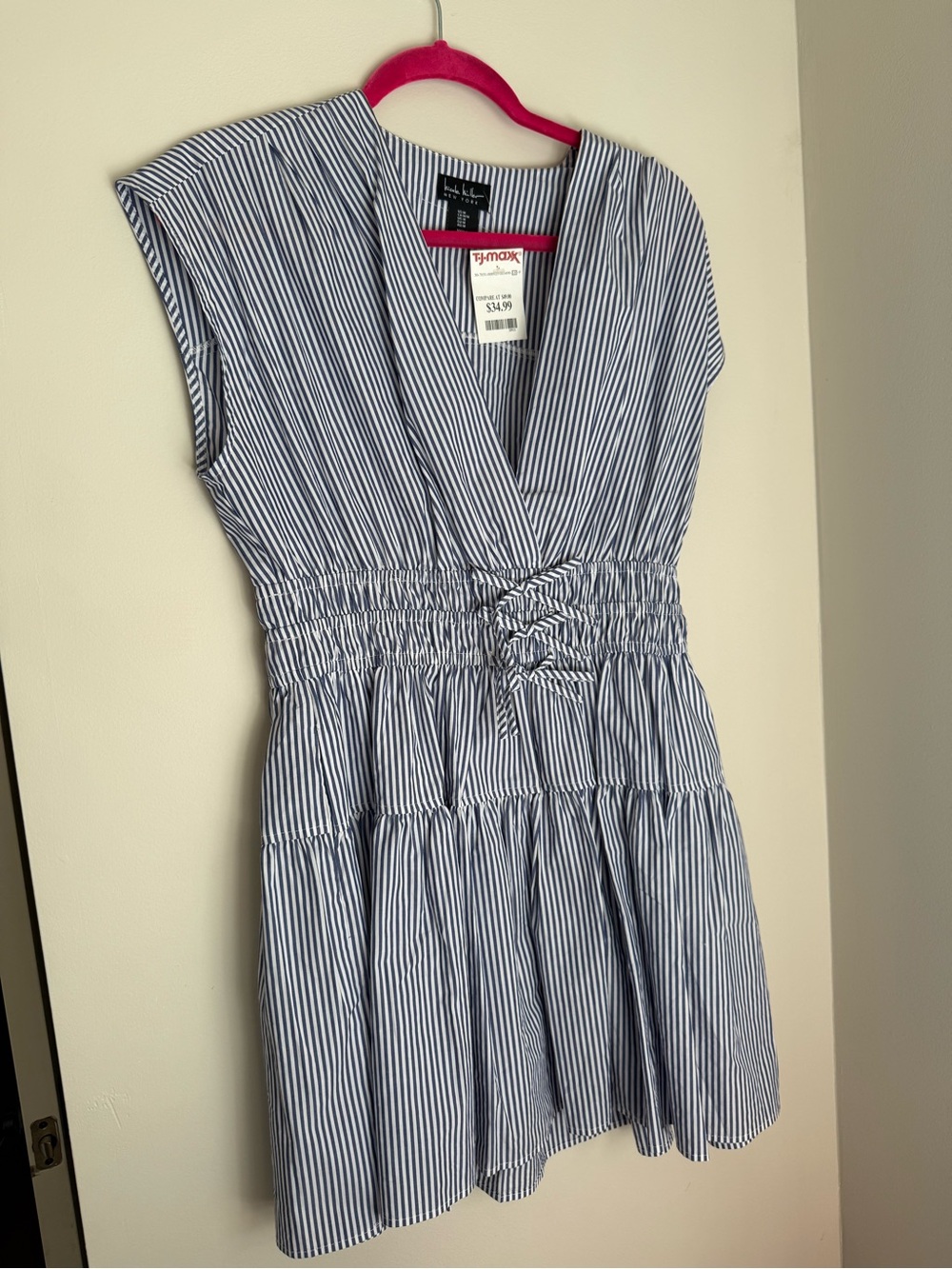 Nicole Miller Blue and White Striped V-Neck Tiered Bow Dress